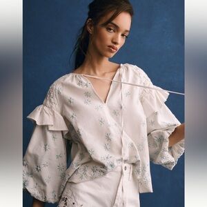 Anthropologie Forever That Girl Linen Ruffle Sleeve Smocked Top - Size XL